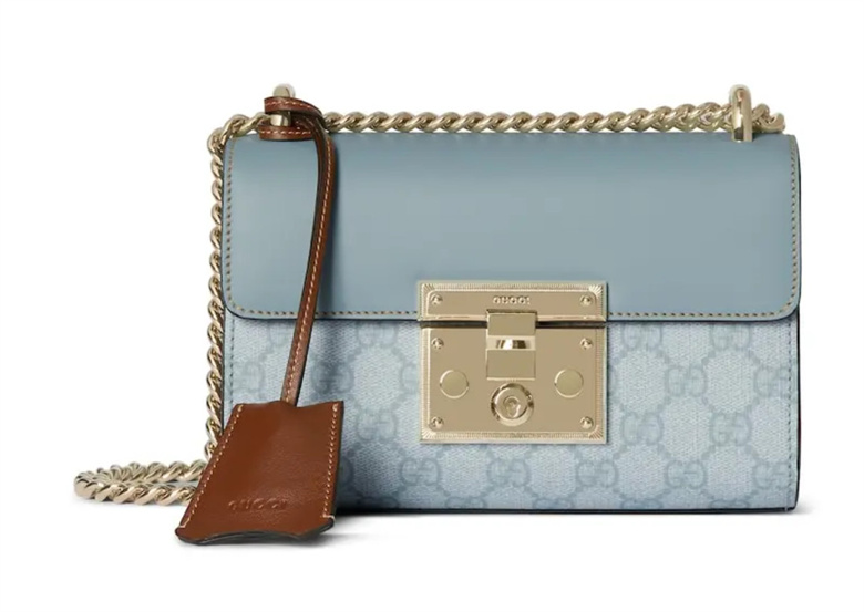 GUCCI 409487 FAD3R 8744 灰蓝色皮革和GG Supreme帆布 Padlock系列 小号肩背包